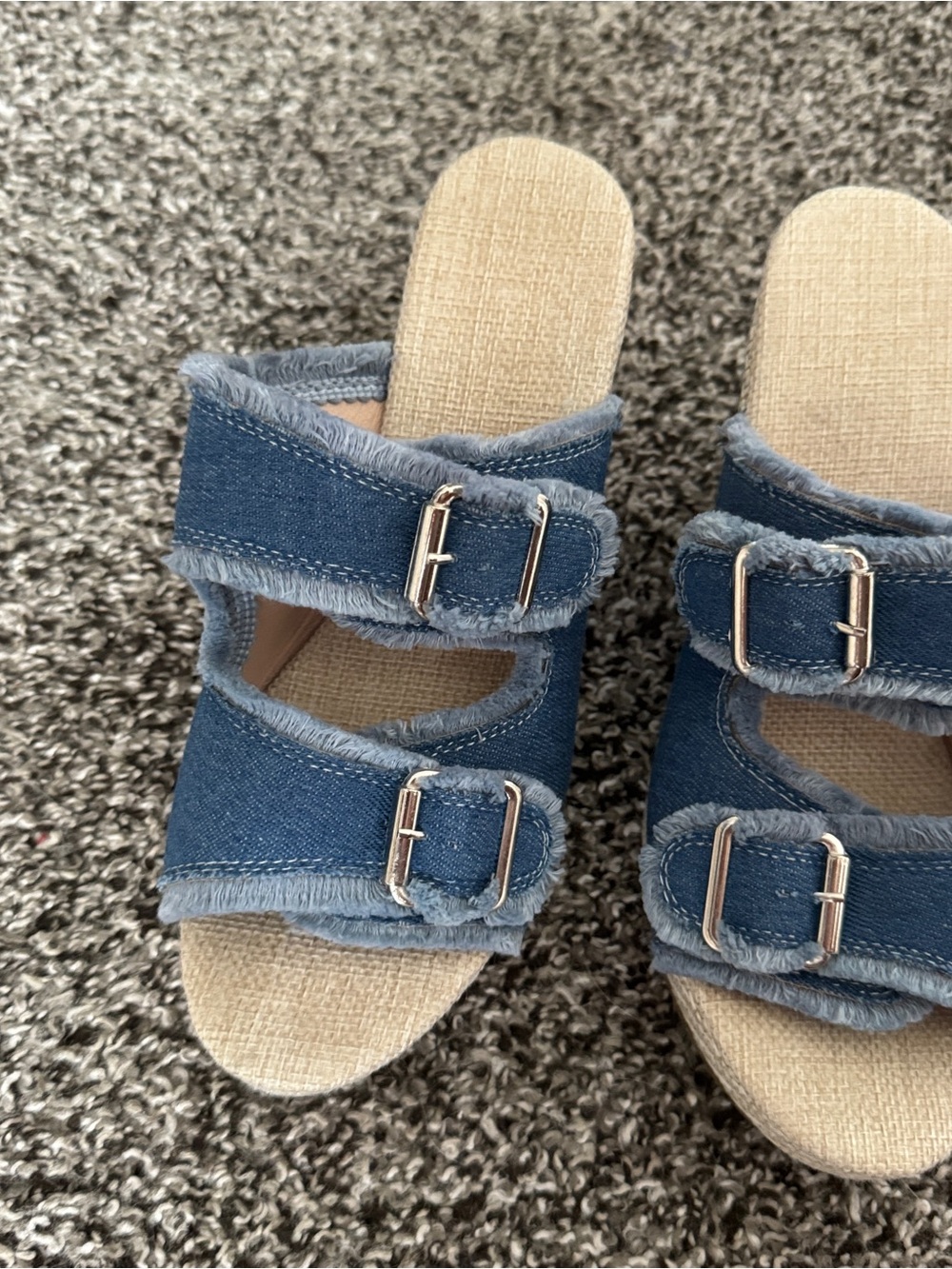 Denim Double-Buckle Slide Mules in Blue